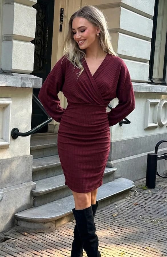Ribbed Wrap Jurk Burgundy – alle jurkjes, foto 2
