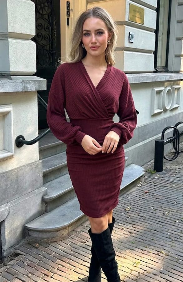Ribbed Wrap Jurk Burgundy – alle jurkjes, foto 3