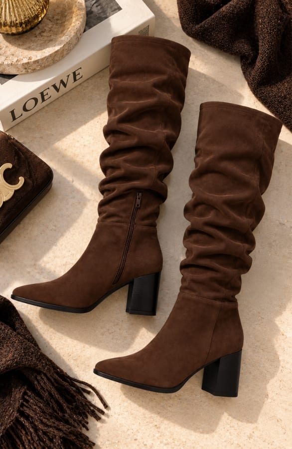 Suedine Slouch Punt Laarzen Choco – schoenen, foto 3