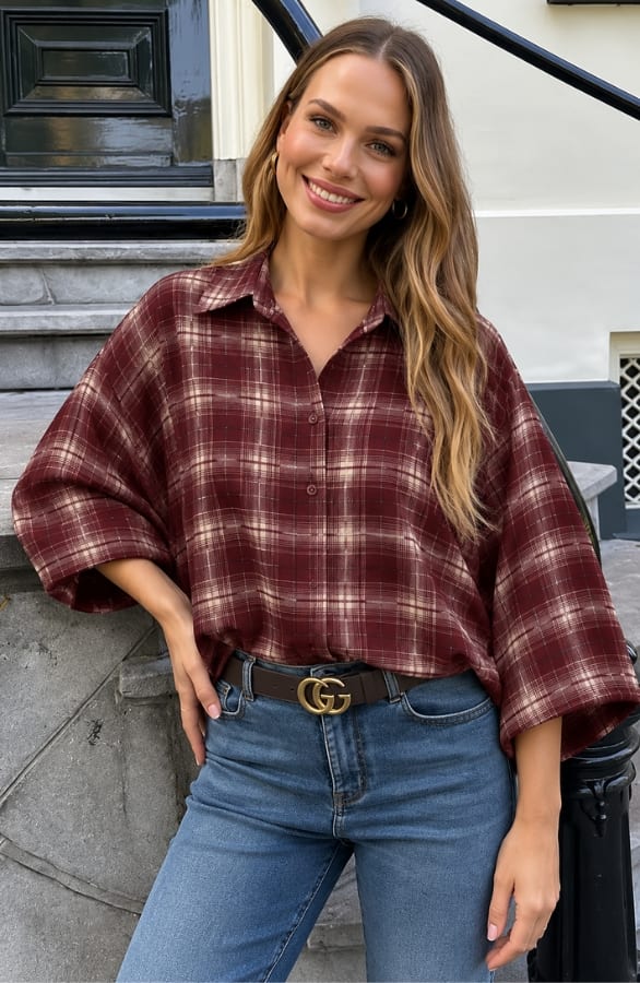 Oversized Puff Sleeve Blouse Mila Check Burgundy – dameskleding, foto 2