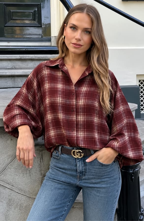 Oversized Puff Sleeve Blouse Mila Check Burgundy