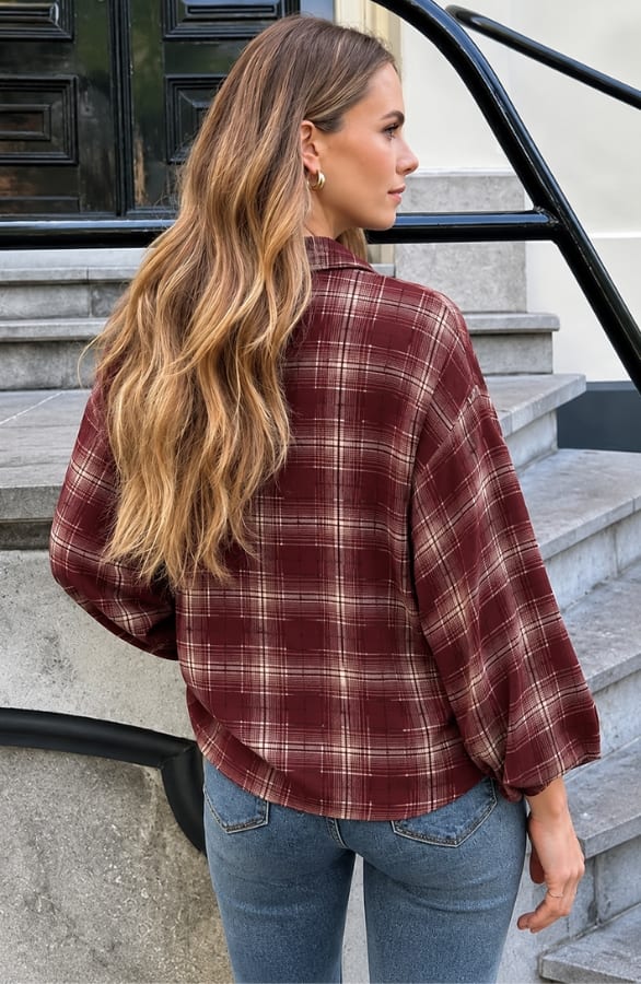 Oversized Puff Sleeve Blouse Mila Check Burgundy – dameskleding, foto 3
