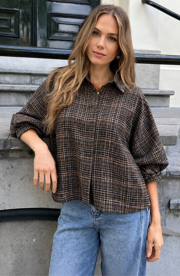 Oversized Puff Sleeve Blouse Mila Check Choco – dameskleding, foto 2