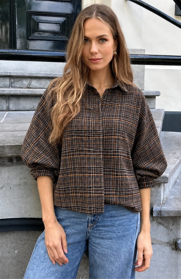 Oversized Puff Sleeve Blouse Mila Check Choco – dameskleding, foto 3