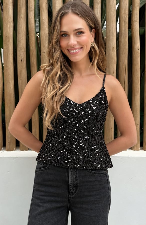 Pailletten Spaghetti Top Black – shirts & tops, foto 3