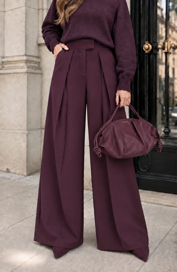 Pleated Wide Leg Pantalon Bordeaux