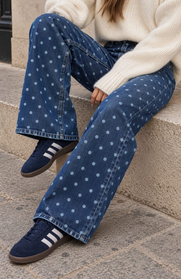 Stippen Wide Leg Jeans Donkerblauw, foto 2