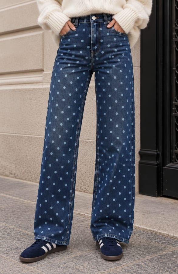 Stippen Wide Leg Jeans Donkerblauw