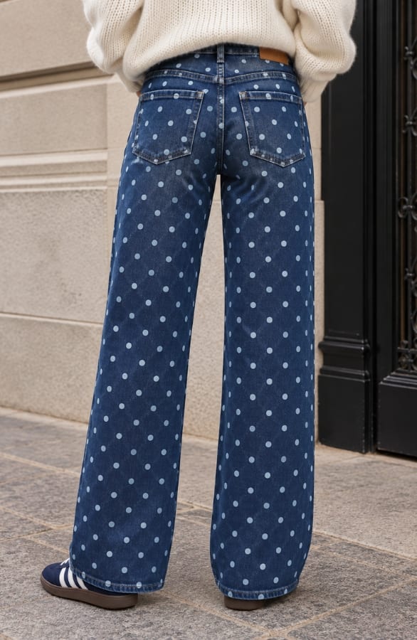 Stippen Wide Leg Jeans Donkerblauw, foto 3