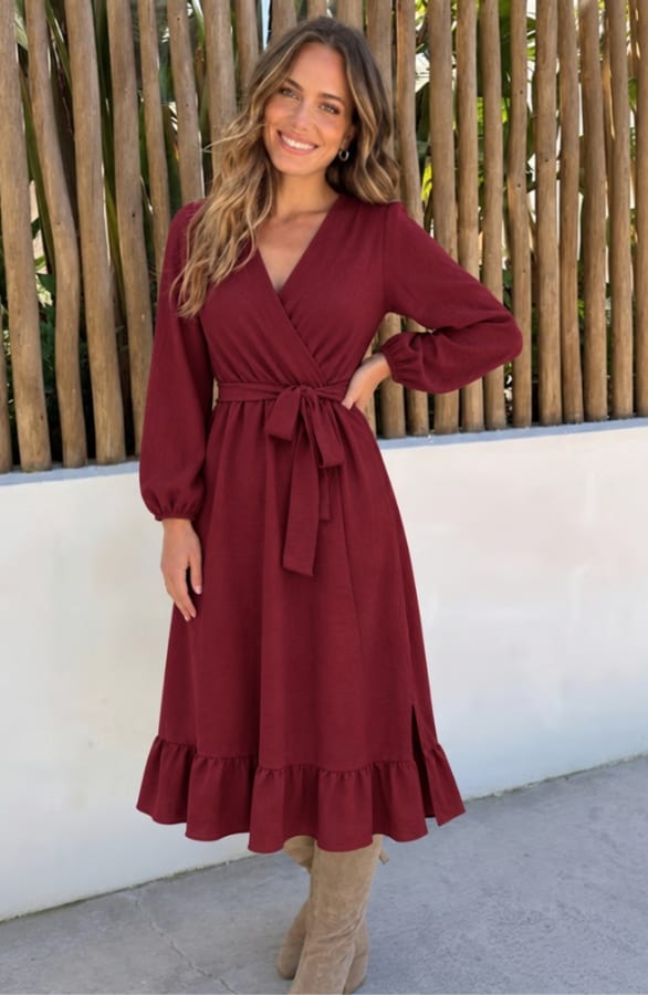 Ruffle Split Midi Jurk Burgundy – alle jurkjes, foto 2