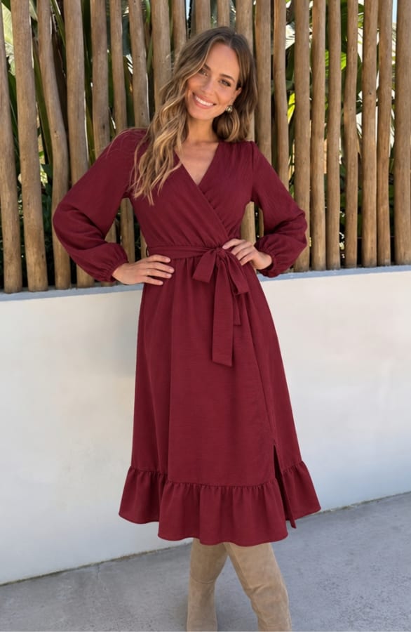 Ruffle Split Midi Jurk Burgundy