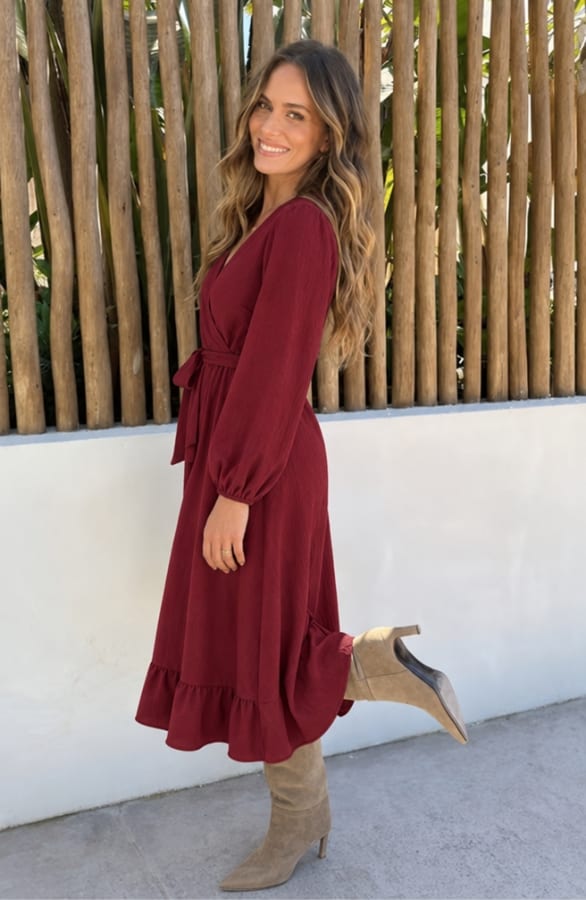 Ruffle Split Midi Jurk Burgundy – alle jurkjes, foto 3