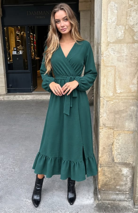 Ruffle Split Midi Jurk Emerald – alle jurkjes, foto 2