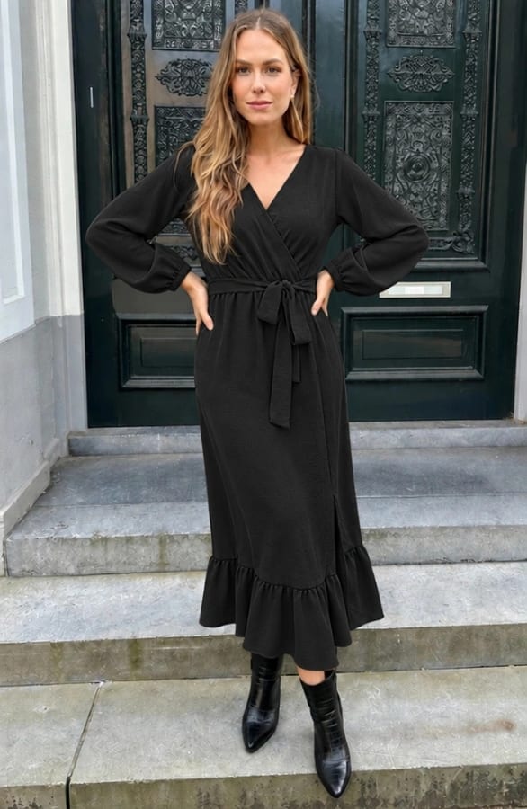 Ruffle Split Midi Jurk Zwart – alle jurkjes, foto 3