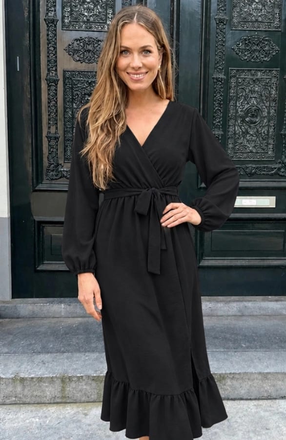 Ruffle Split Midi Jurk Zwart – alle jurkjes, foto 4