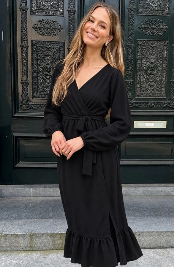 Ruffle Split Midi Jurk Zwart