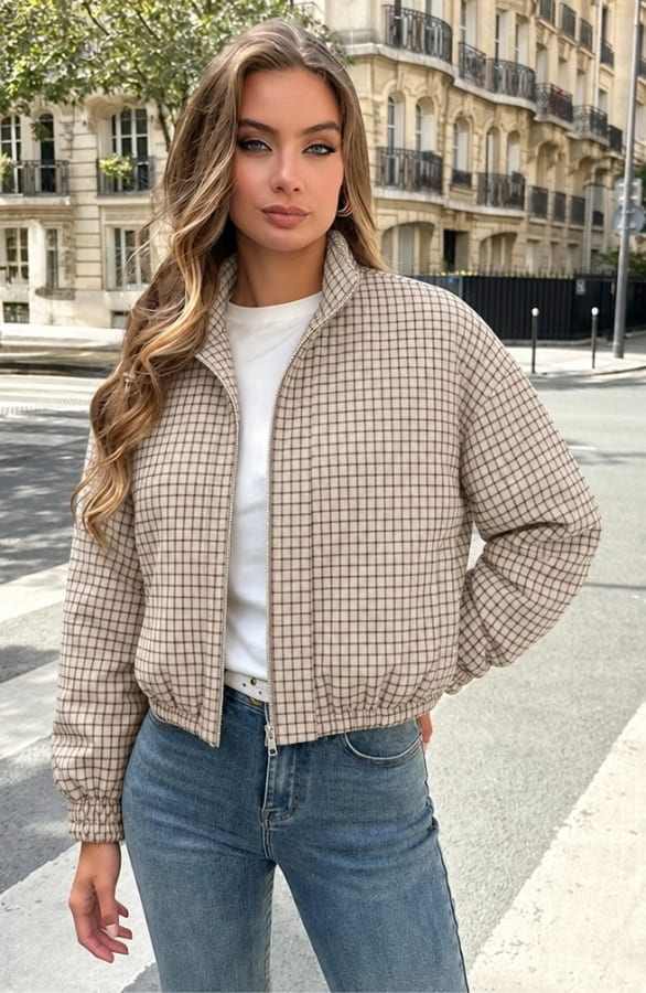 Ruit Zip Up Bomberjack Beige – vesten, foto 2