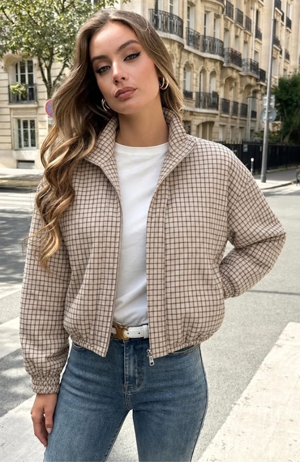 Ruit Zip Up Bomberjack Beige – vesten, foto 3