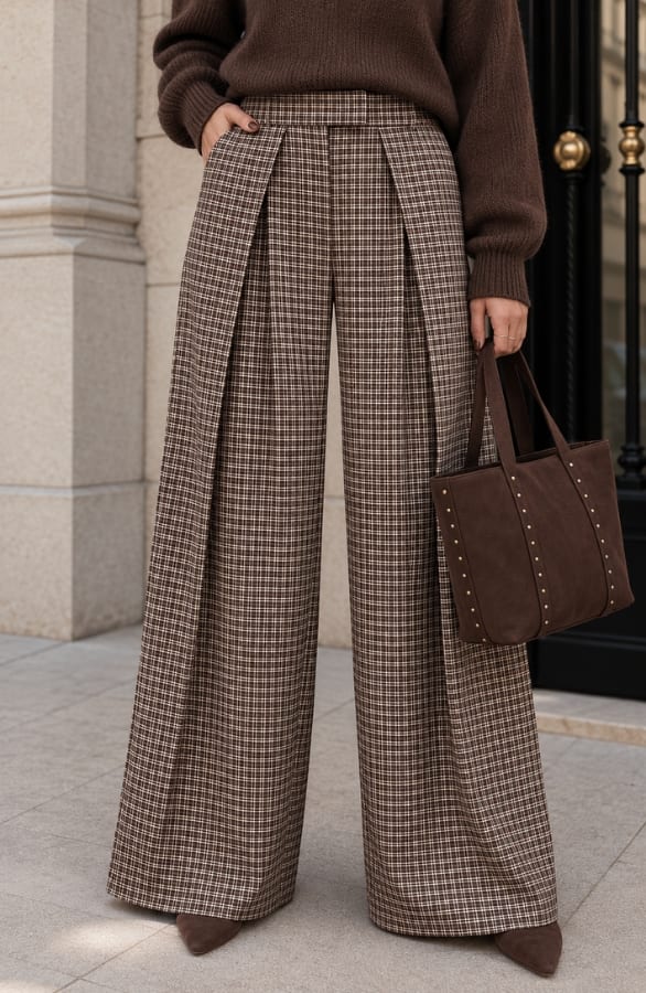 Pleated Wide Leg Pantalon Check