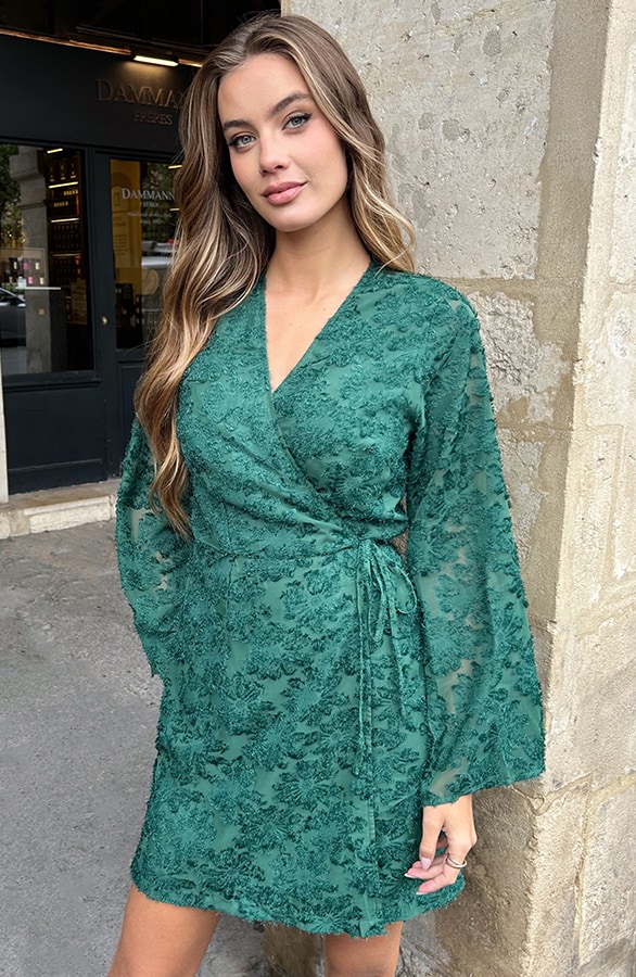 Franje Wikkel Jurk Flared Mouw Emerald – alle jurkjes