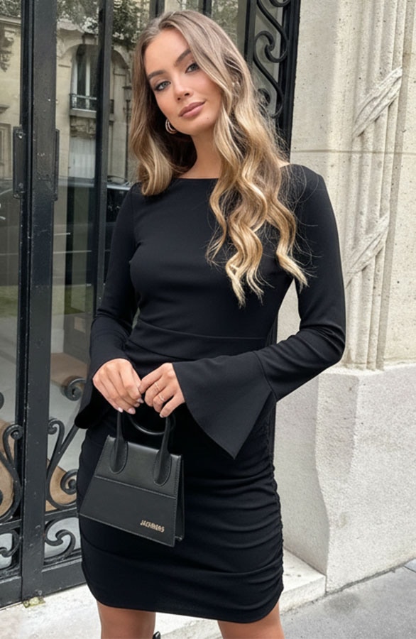Flared Mouwen Scuba Jurk Cathy Zwart – alle jurkjes