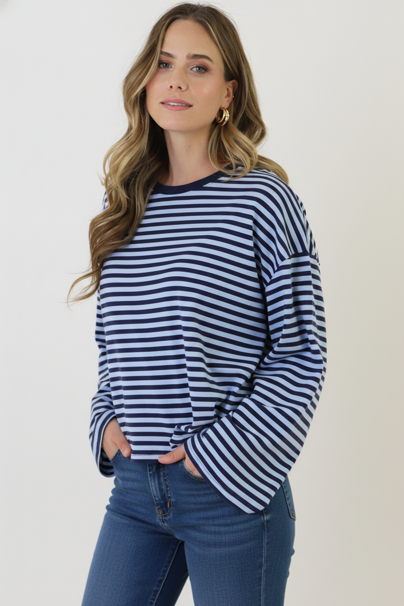 Oversized Gestreepte Katoenen Top Navy Baby Blue – shirts & tops