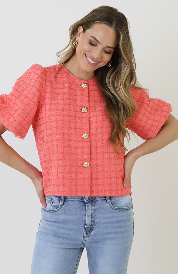 Tweed Puff Sleeve Jacket Coral – blazers
