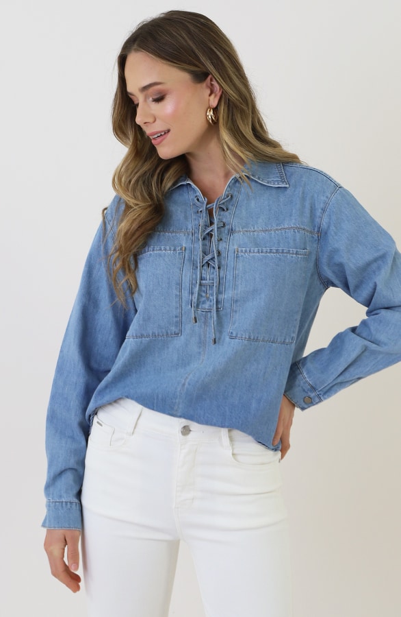 Katoenen Strik Blouse Jeans Blauw – dameskleding