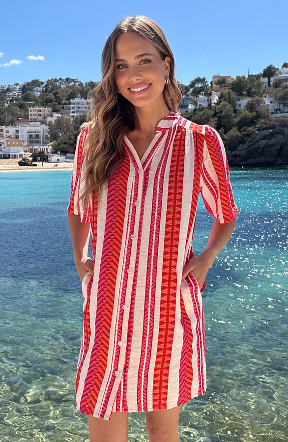 Aztec Print Blouse Jurk Koraal Fuchsia – alle jurkjes
