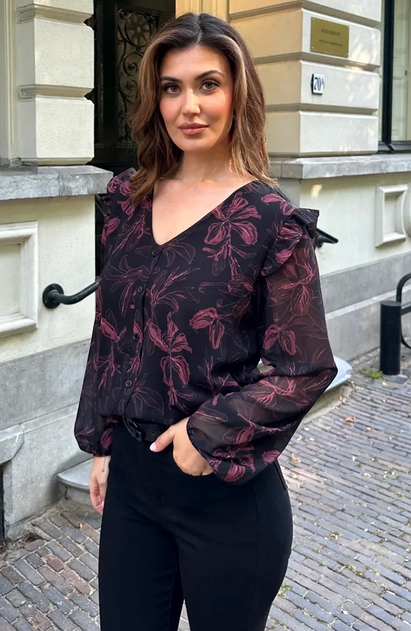 Floral Chiffon Blouse Zwart – dameskleding, foto 2