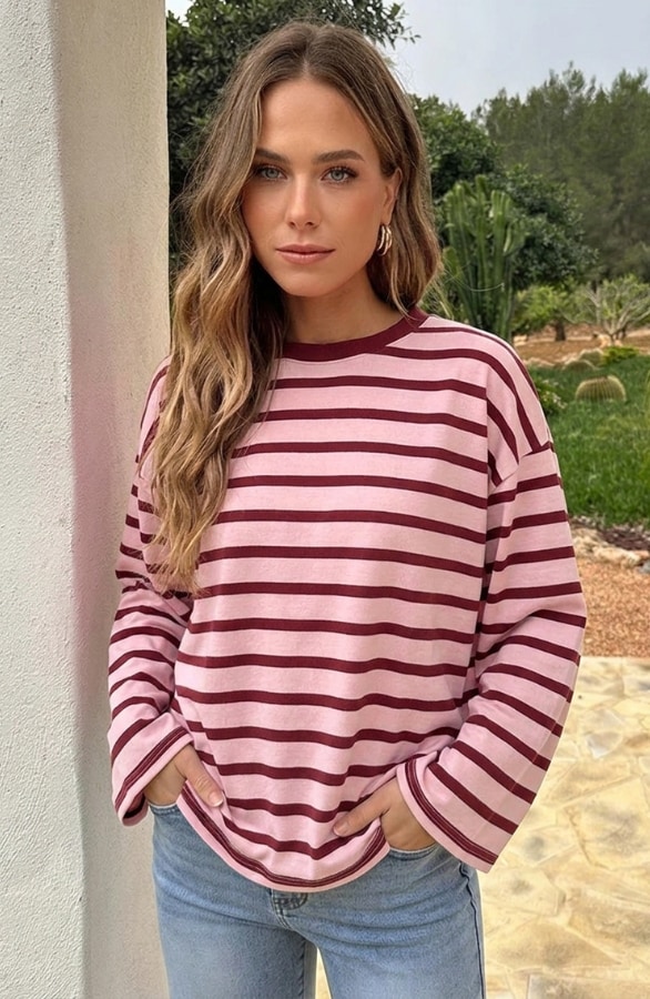 Oversized Gestreepte Katoenen Top Tricolore Burgundy Roze – shirts & tops
