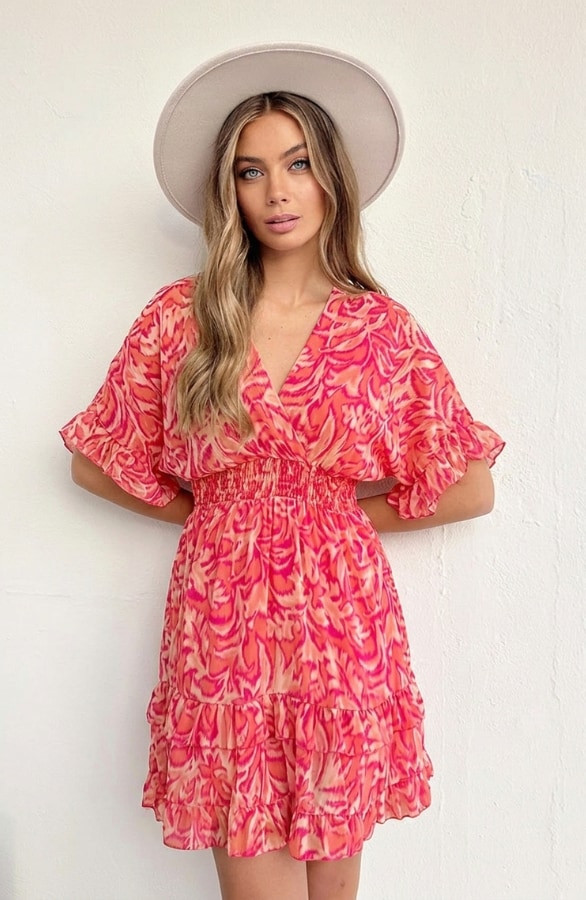 V-Hals Print Dress Marrit Koraal – alle jurkjes