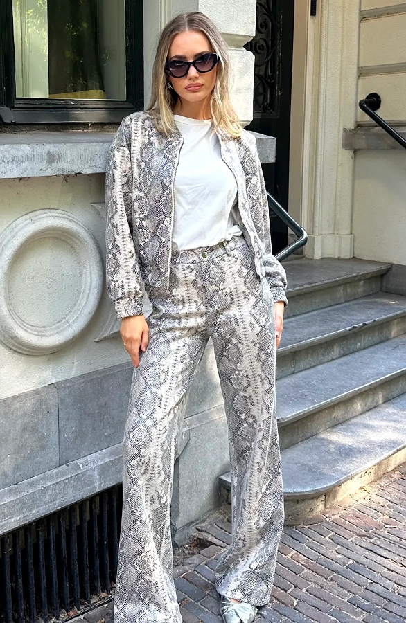 Wide Leg Slangenprint Broek Beige – broeken, foto 6