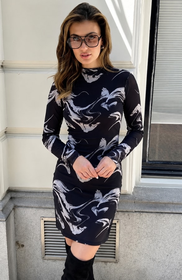 Elegant Mesh Dress Print Black Beige – alle jurkjes, foto 3