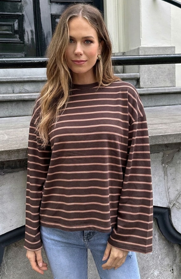Oversized Gestreepte Katoenen Top Tricolore Camel Choco – shirts & tops