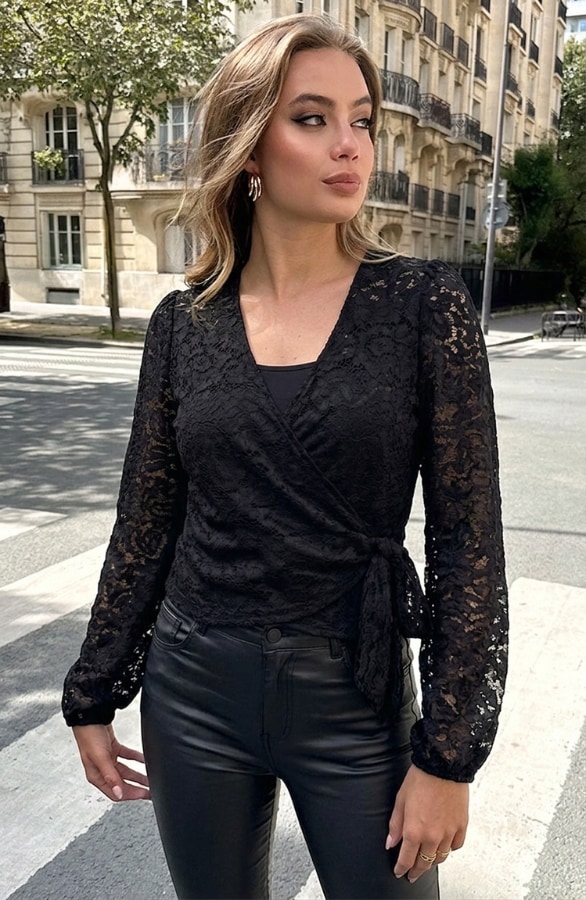 Lace Wrap Blouse Black – shirts & tops