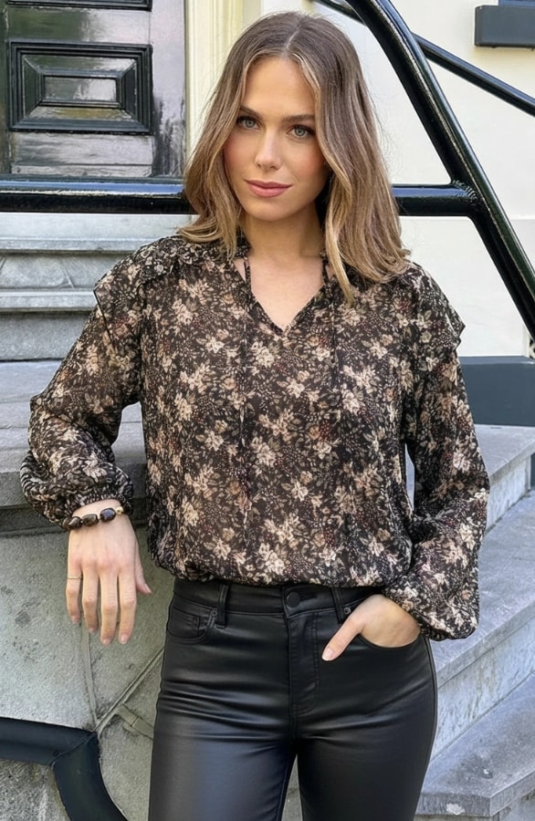 Luxury Flower V-Neck Blouse Army – dameskleding
