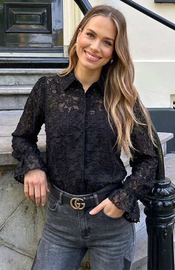 Floral Mesh Blouse Zwart – dameskleding