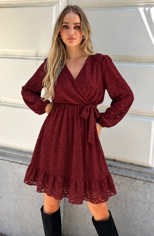 Elegance Flower Lace Dress Bordeaux – alle jurkjes