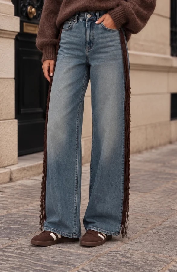 Franje Wide Leg Jeans Blauw Choco
