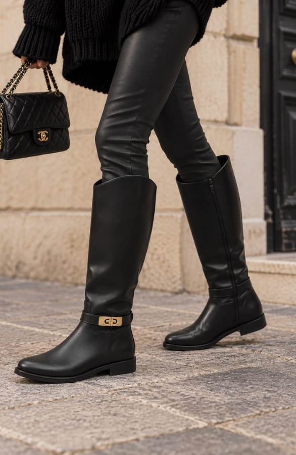 Riding Buckle Hoge Laarzen Zwart – schoenen