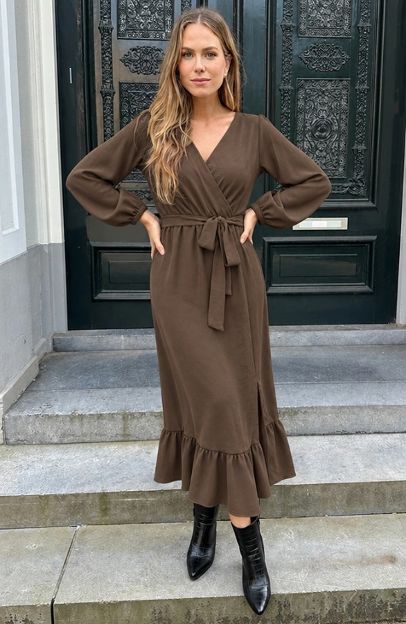 Ruffle Split Midi Jurk Choco – alle jurkjes