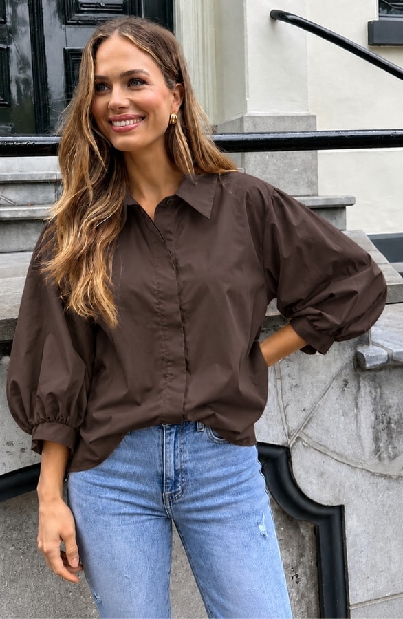 Oversized Puff Sleeve Blouse Mila Choco – dameskleding