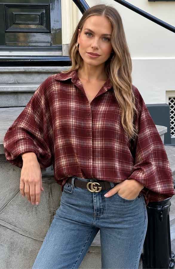 Oversized Puff Sleeve Blouse Mila Check Burgundy – dameskleding