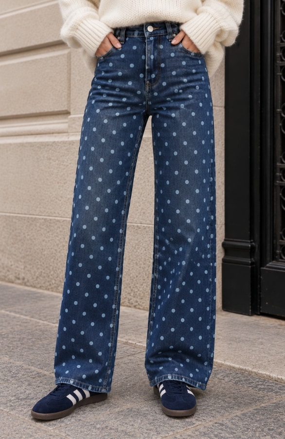 Stippen Wide Leg Jeans Donkerblauw