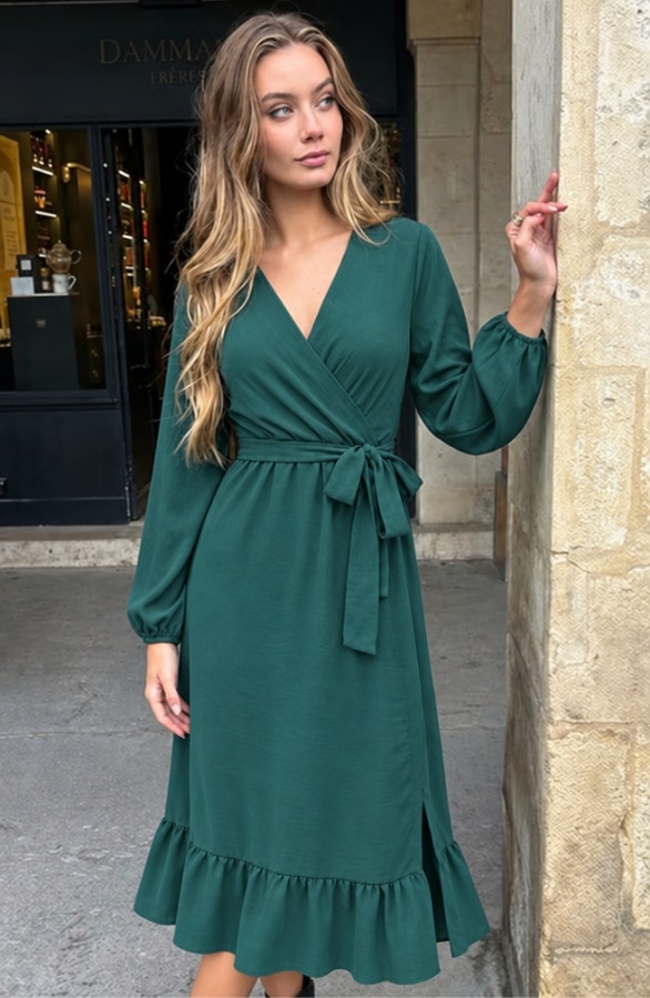Ruffle Split Midi Jurk Emerald – alle jurkjes